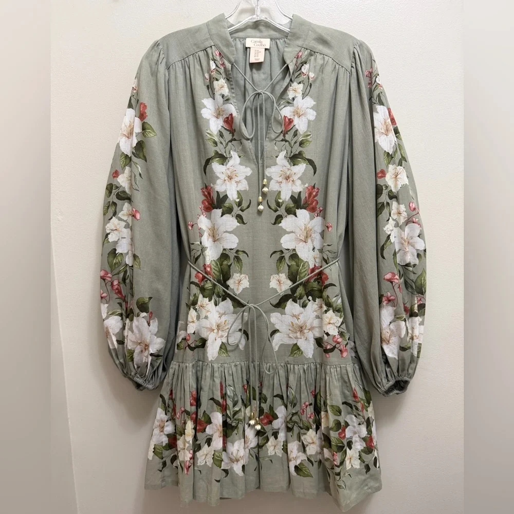 Camila Coelho Floral Mini Dress Blouson Sleeve Waist Tie Size Sage Green Size XS - Picture 2 of 11